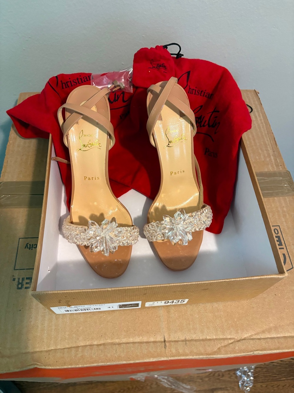 Christian Louboutin Tan Crystal-Strap Open-Toe Heels